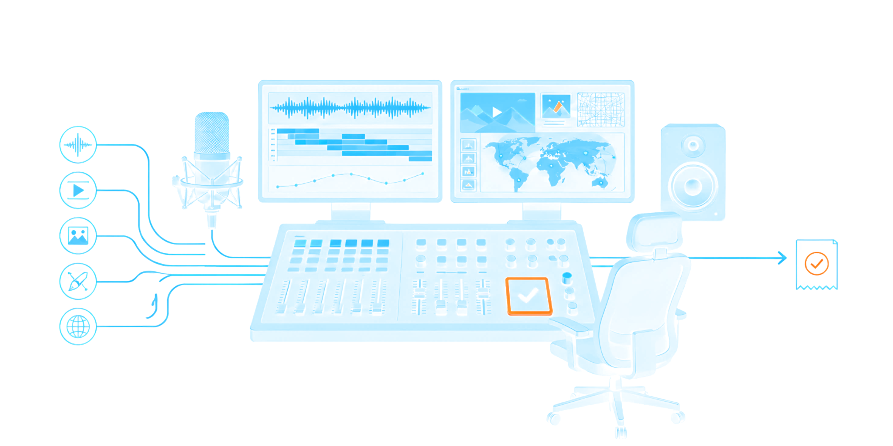 CreativeStudioX™ production floor — a governed console for audio, video, image, and publishing